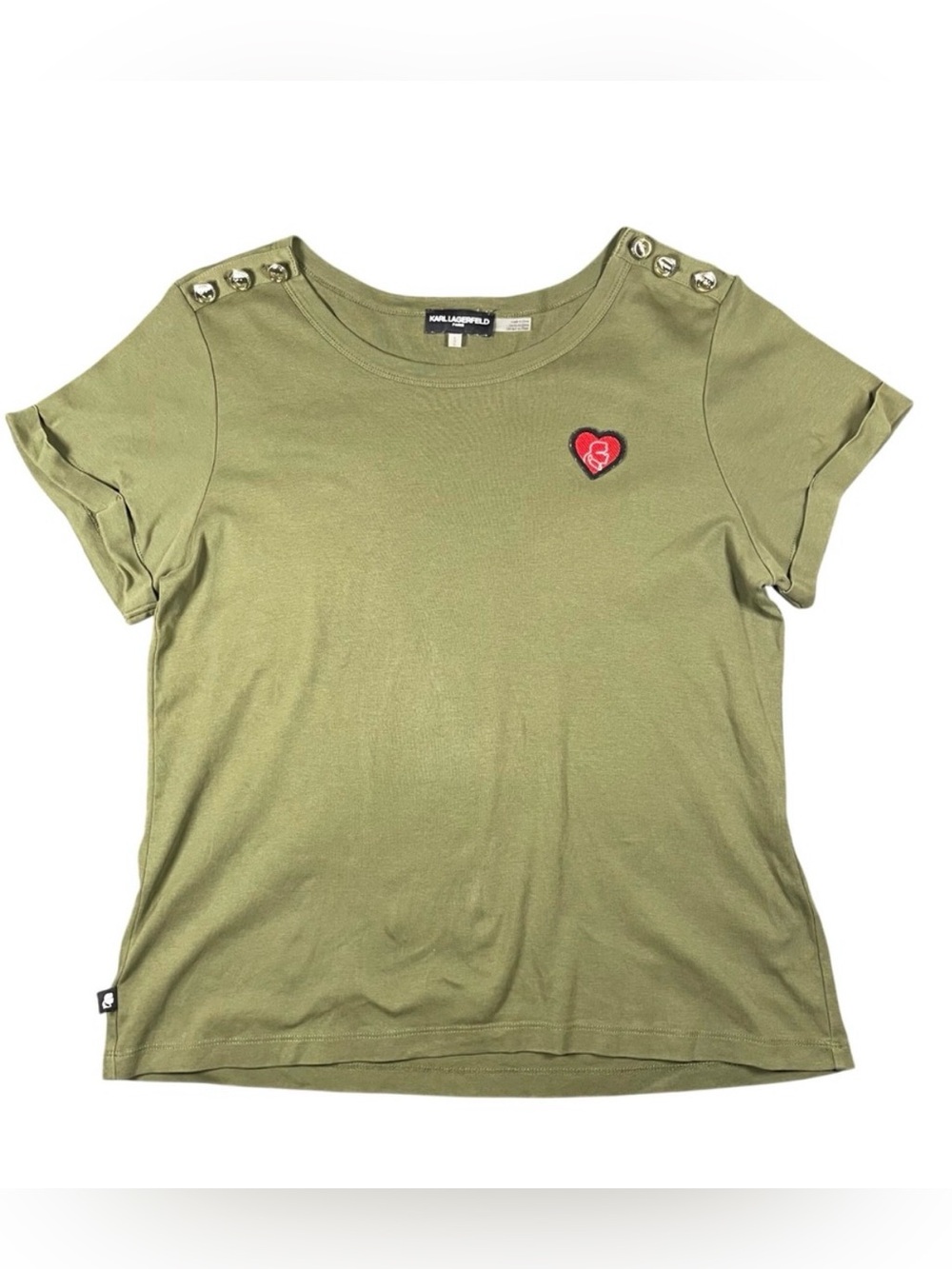 Karl Lagerfeld Olive Green Short Sleeve Tee with Red Heart Patch